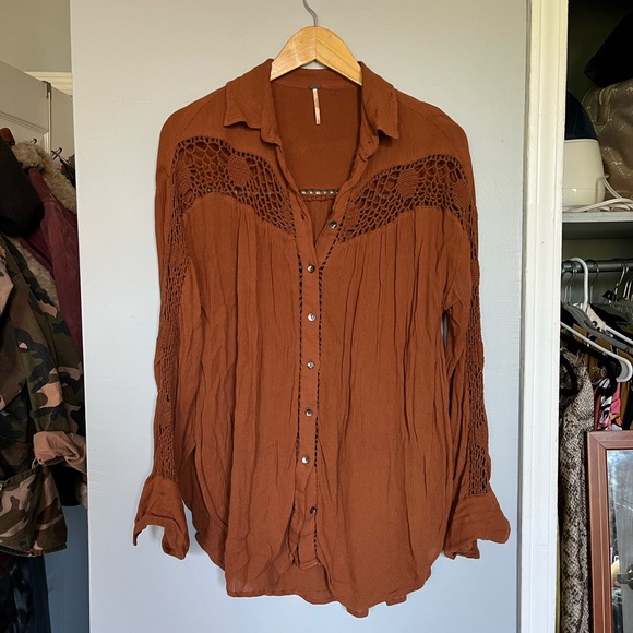 Free People Katie Bird Button down shirt size small - rust - Picture 2 of 7